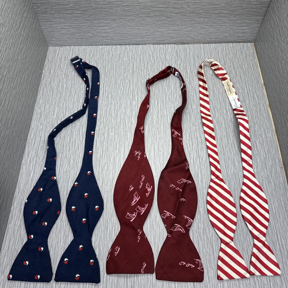 Lot of 3 Men's Silk Self Tie Bow Ties Nautical Anchor Stripe Sailboat Classic